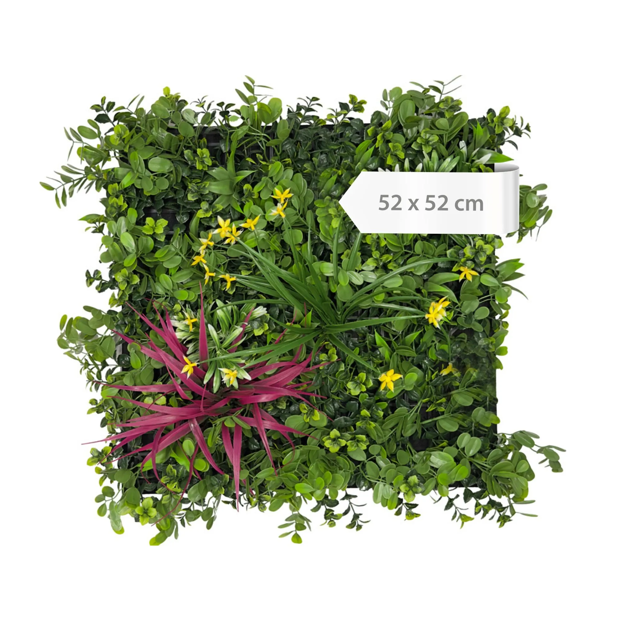 Wall panels – artificial plants with a mixed-flora jungle-style design, 52 x 52 cm – green, red, purple