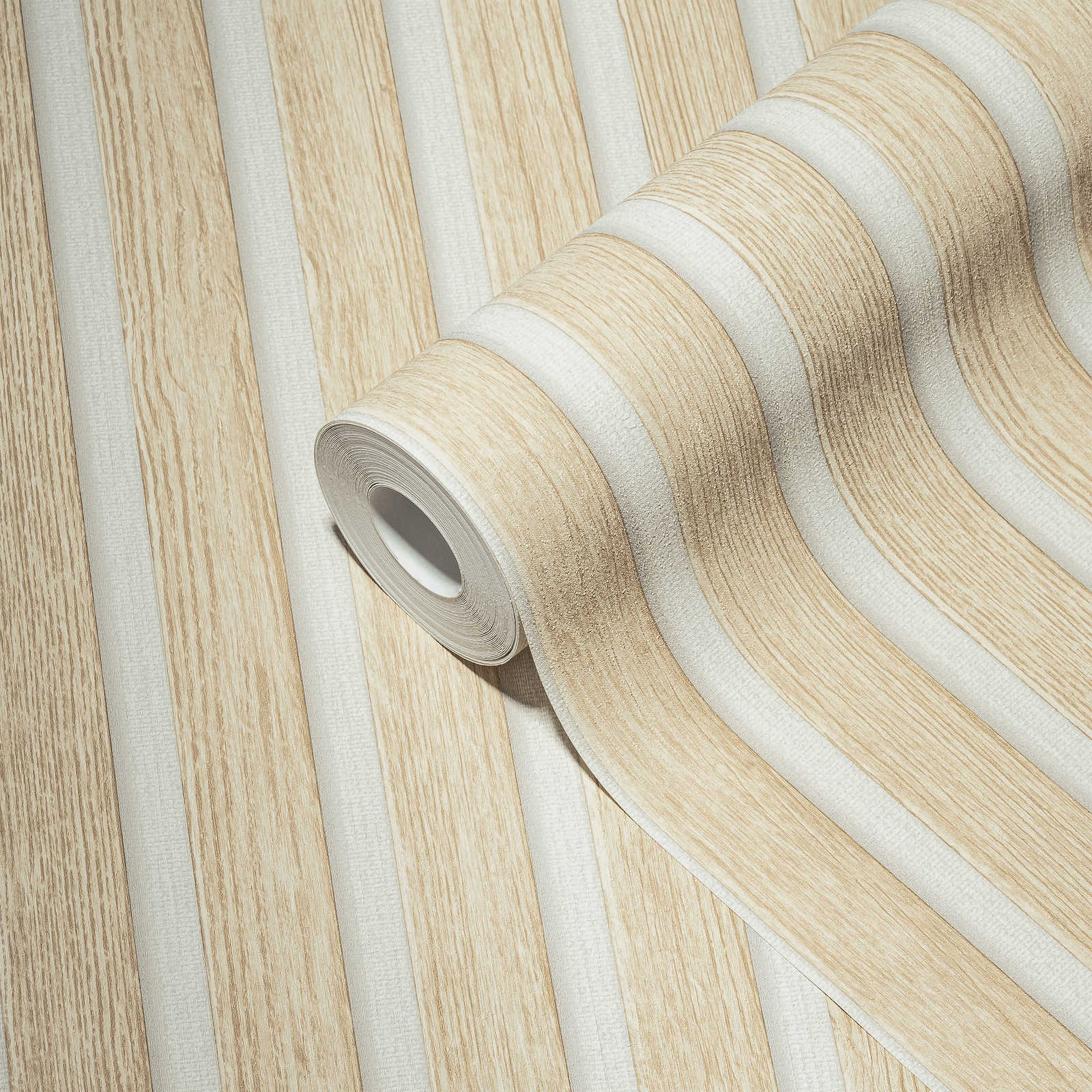             Holztapete im Akustikpaneel-Optik – Beige, Weiß
        