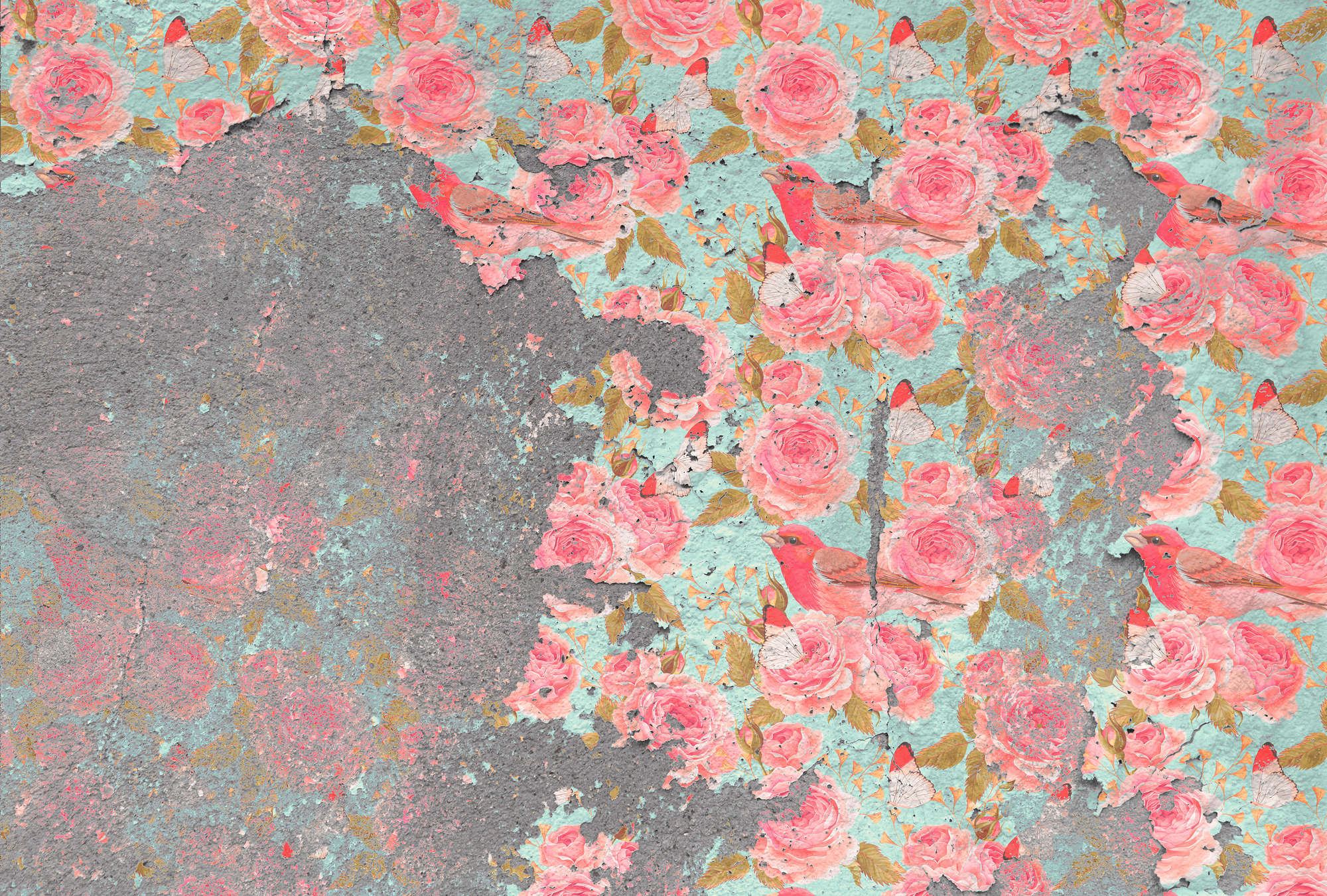             Urban Vintage Vliestapete – Fototapete mit Rosenmotiv und Used-Look – Rosa, Grau
        