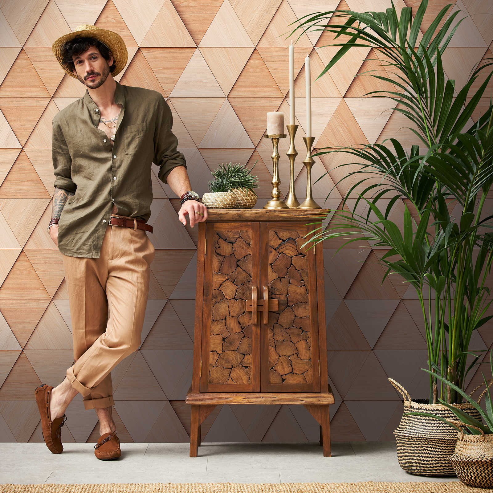         Wallpaper novelty - motif wallpaper wood-look design with 3D triangle pattern
    