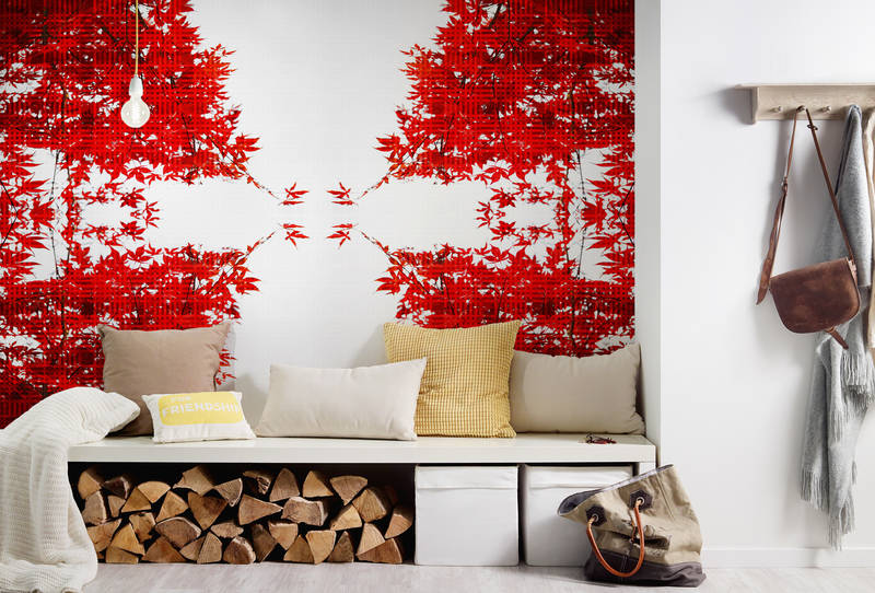 wandbild, rote blätter, holzrost, bank, kissen