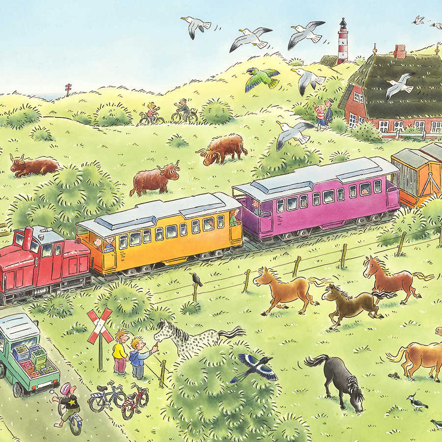 Zug, Eisenbahn, Pferde, Wiese, Leuchtturm