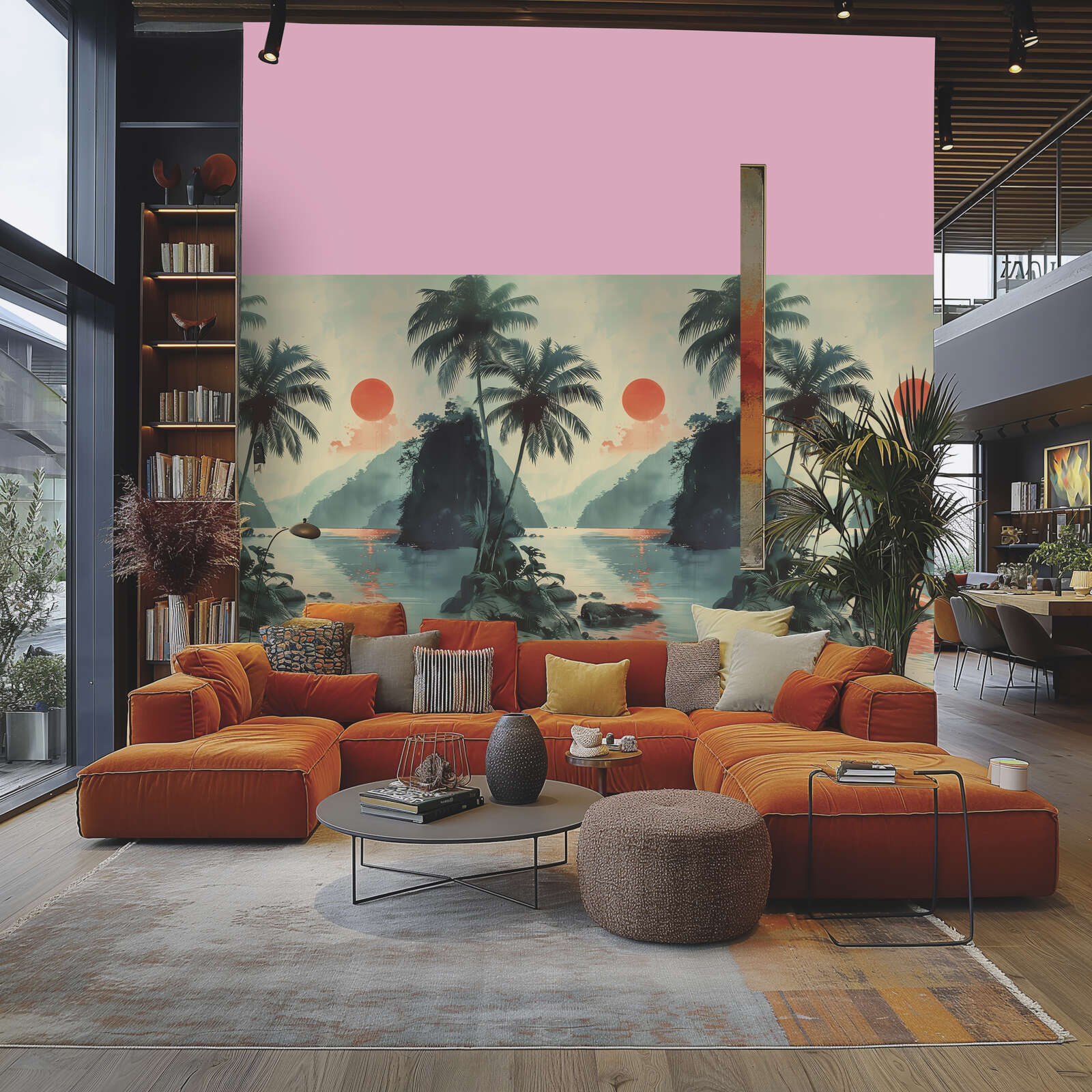 Vliestapeten Panel 'Tropical Sunset' 159cm Breite x 280cm Höhe - Malerischer Sonnenuntergang am Wasser mit Palmen – Bunt