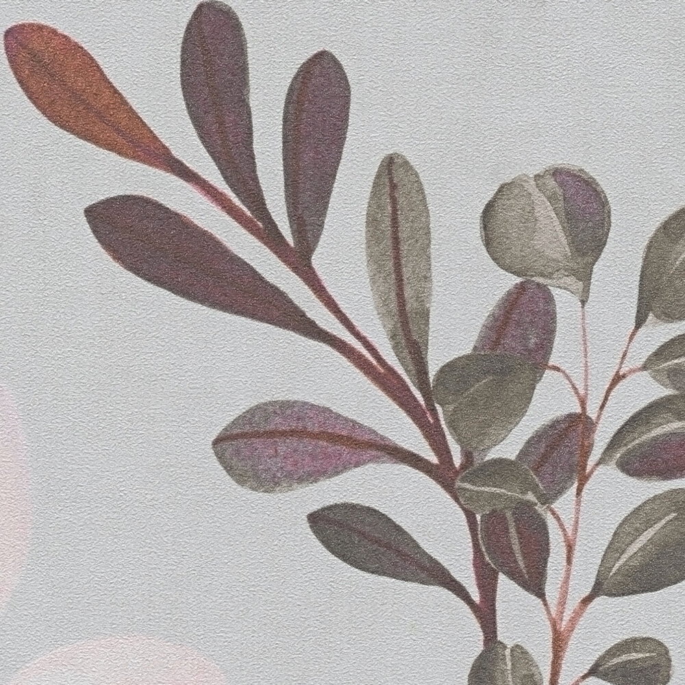             Stilvolle Vliestapete mit dezentem, filigranem Blättermuster, einfache Oberflächenstruktur – Grau, Bunt
        
