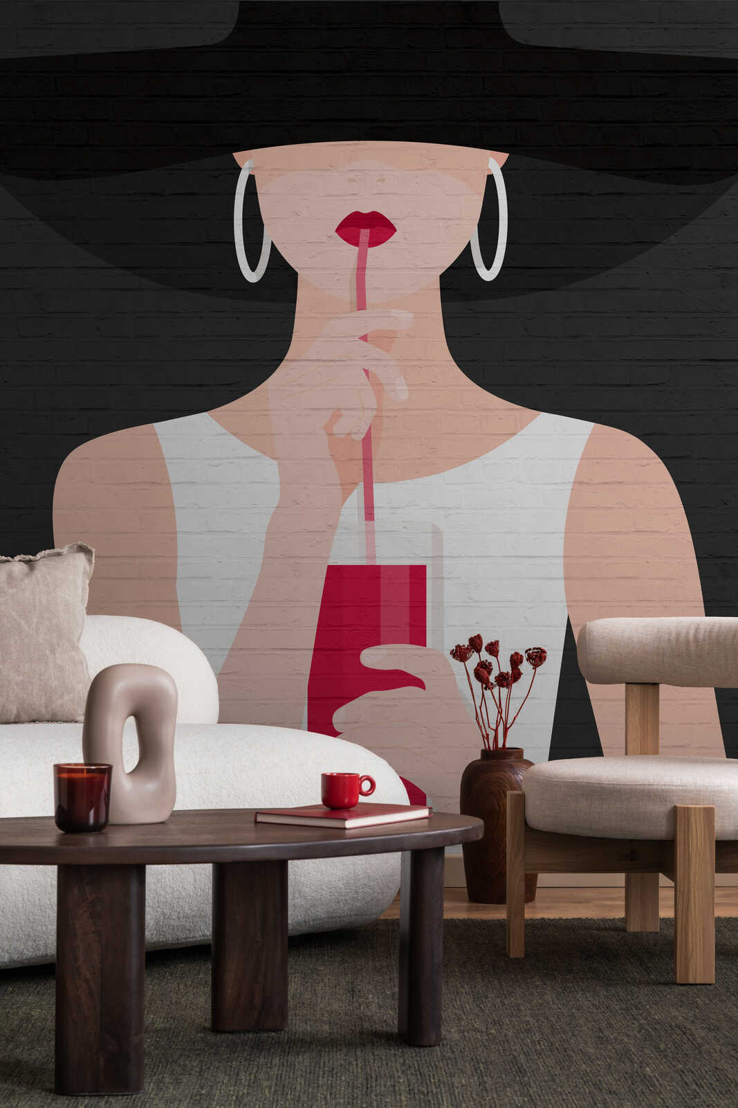 Wandbild,  Moderner Stil,  Große Wandgestaltung,  Frau mit Getränk,  Rot