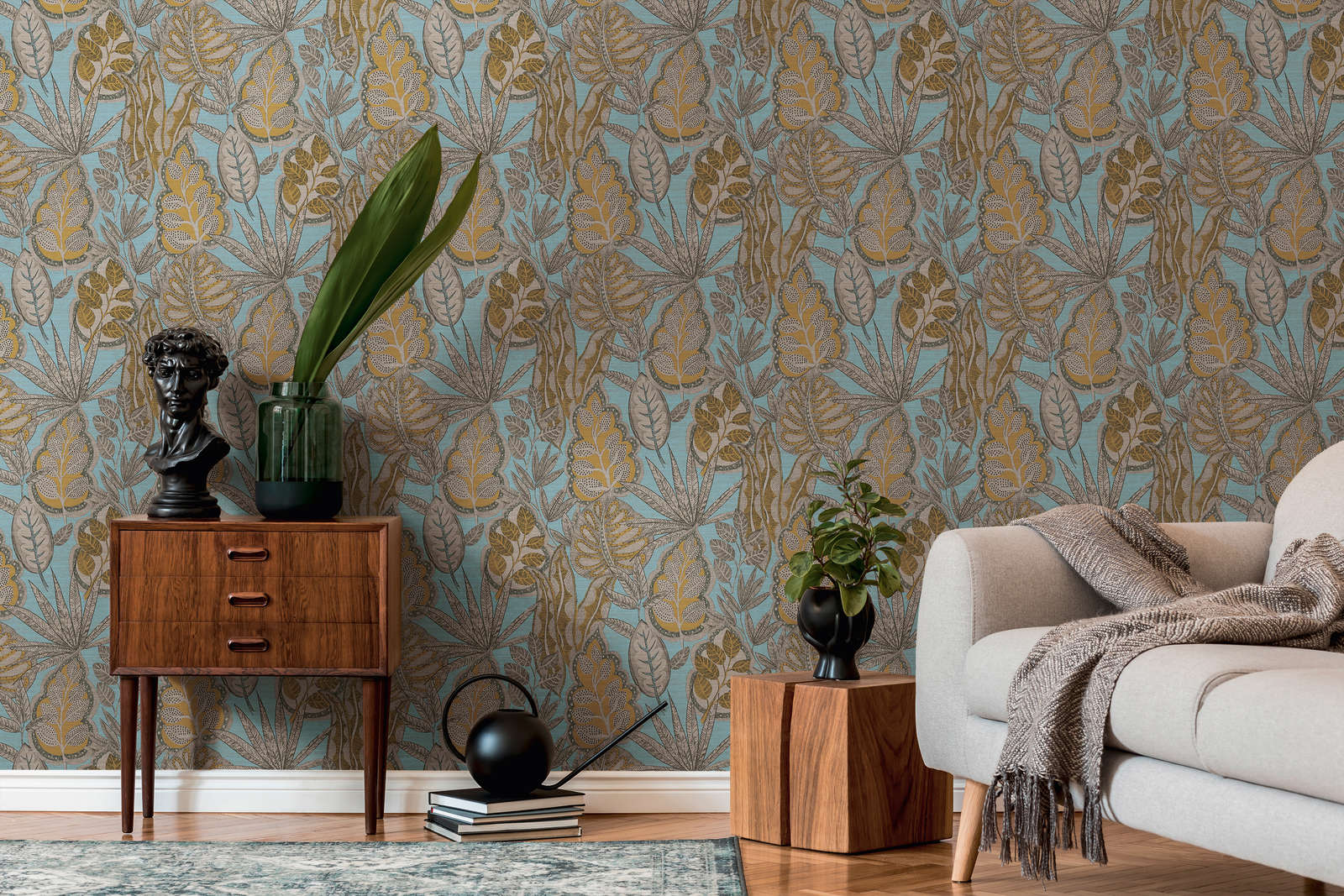             Florale Vliestapete im Grafik-Stil mit leichter Struktur, matt – Hellblau, Gelb, Braun
        