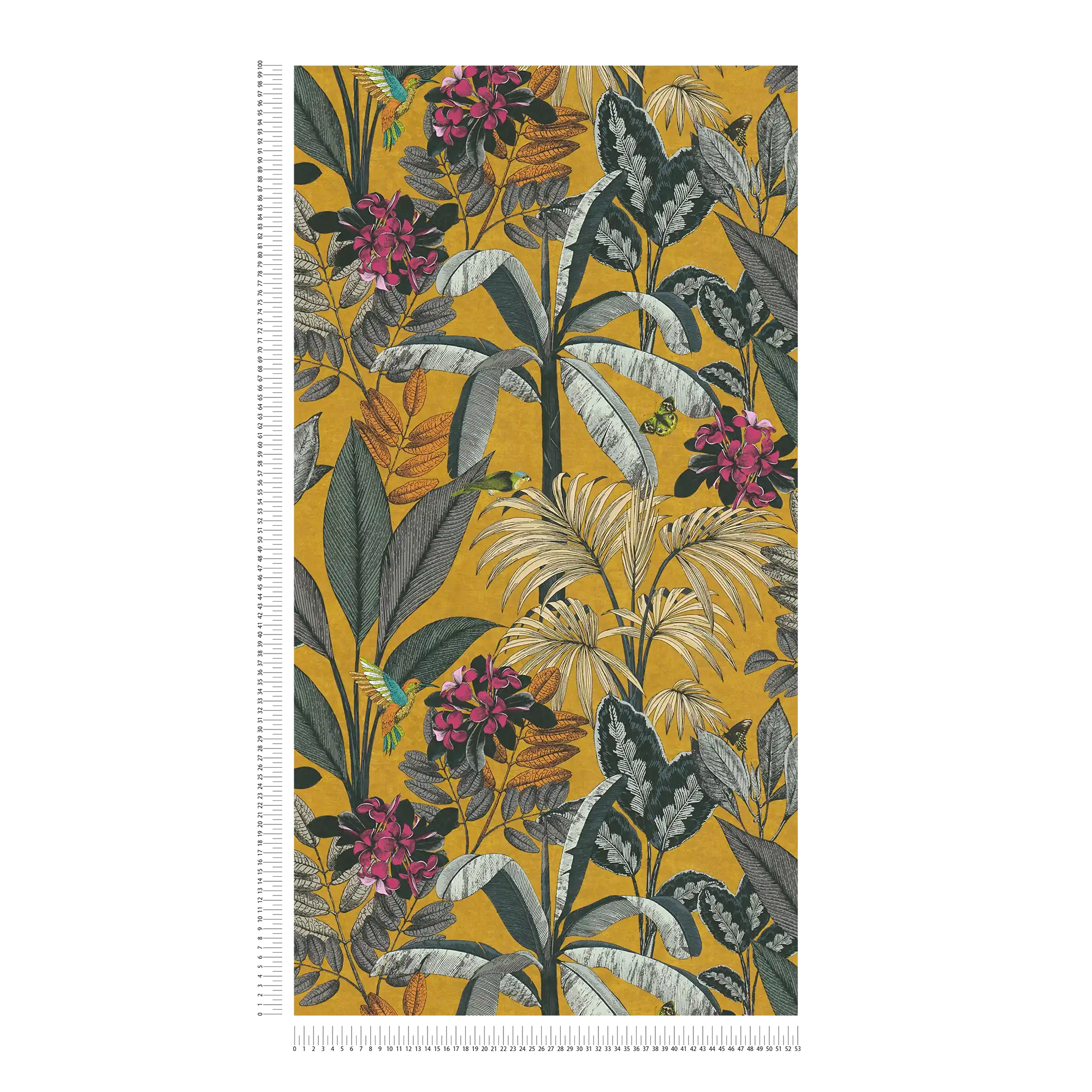             Senfgelbe Tapete mit Tropen-Blätter und Blütenmuster
        