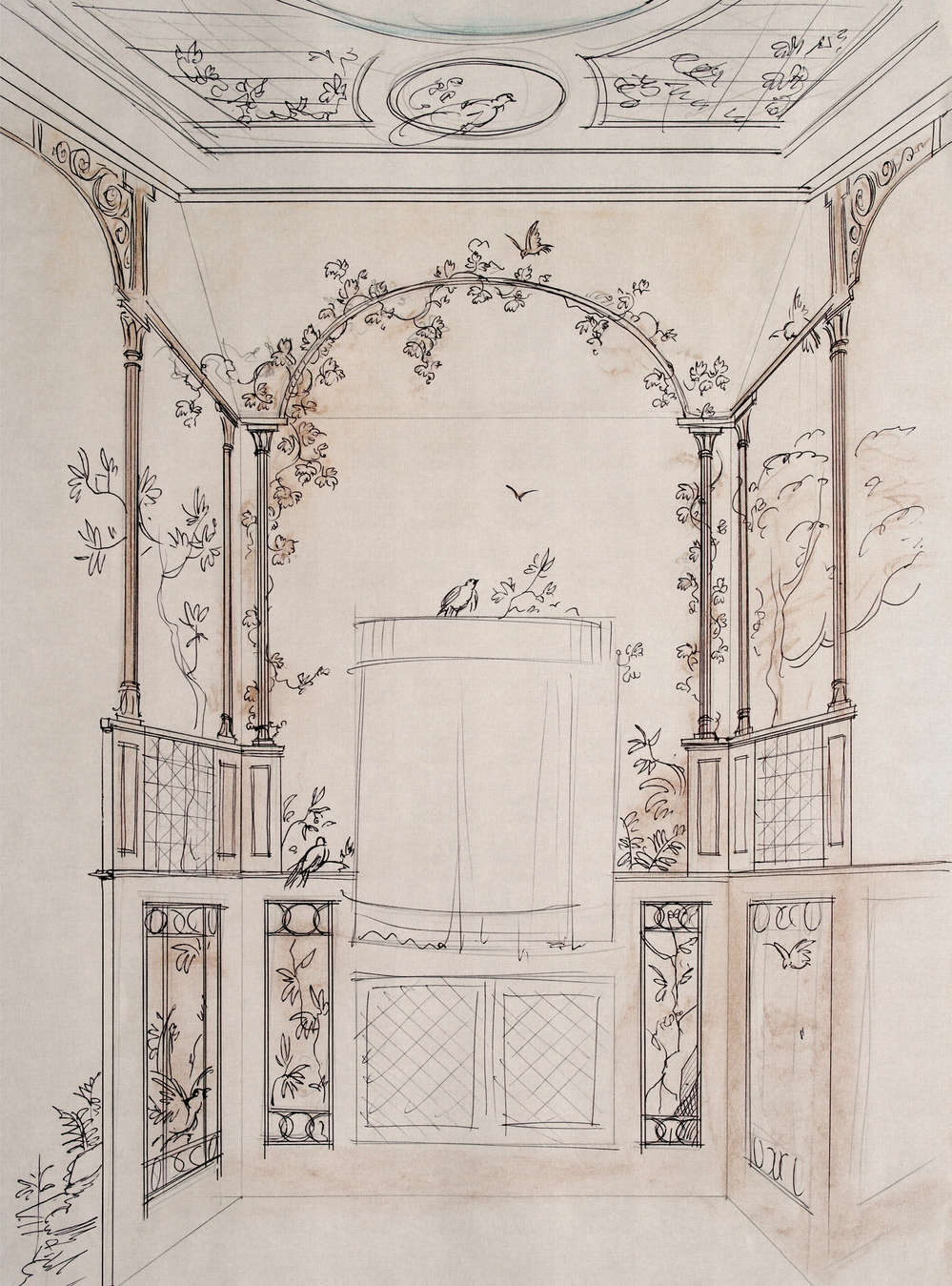             Fototapete »pavillon« - Pavillon im Zeichenstil mit Leinenstruktur im Hintergrund – Glattes, leicht glänzendes Premiumvlies
        