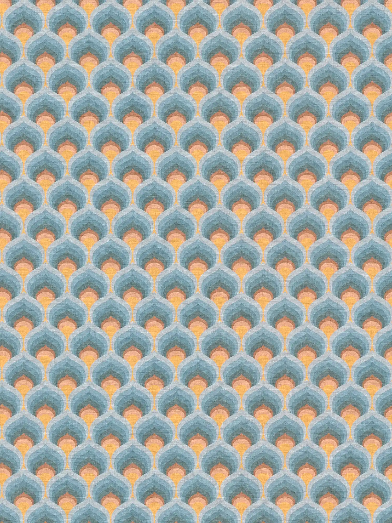             Vliestapete mit Retro Schuppenmuster – Blau, Braun, Gelb
        