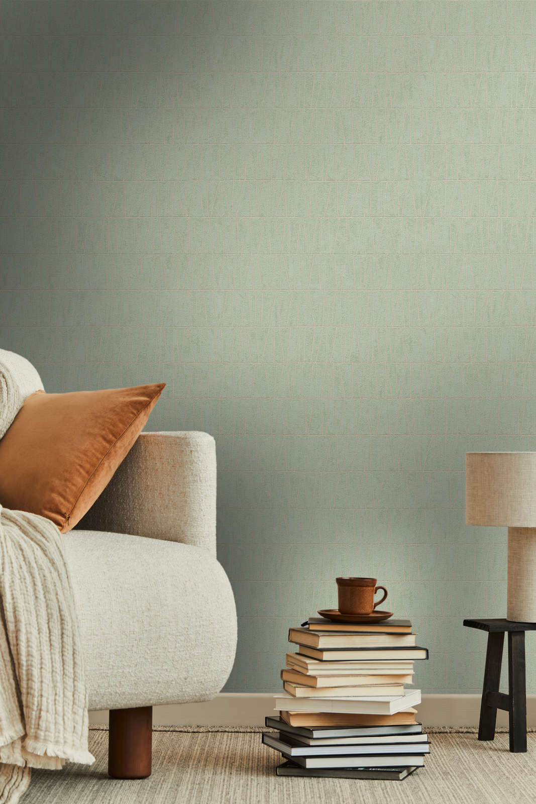             Bemusterte Tapete mit geometischem Mosaik– Grün, Gold
        