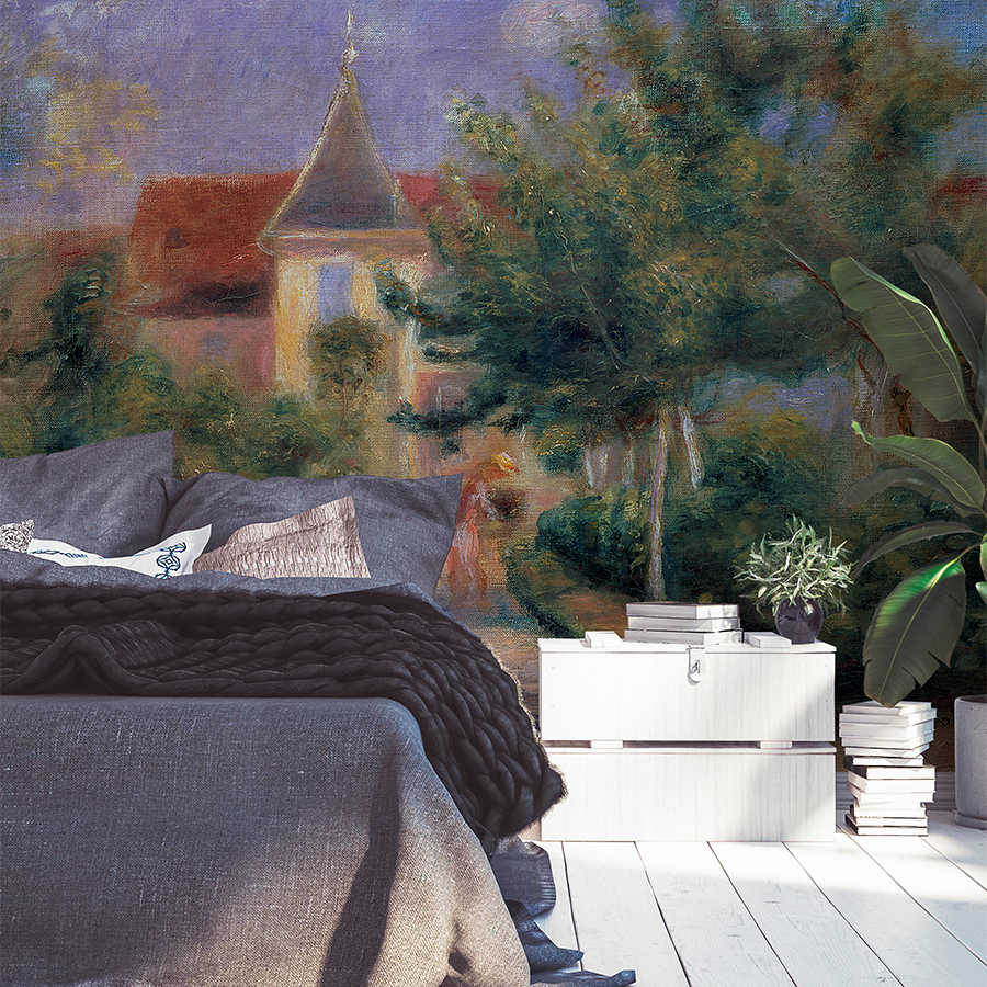 Bett, Kissen, Tagesdecke, Vorhänge, Wandbild