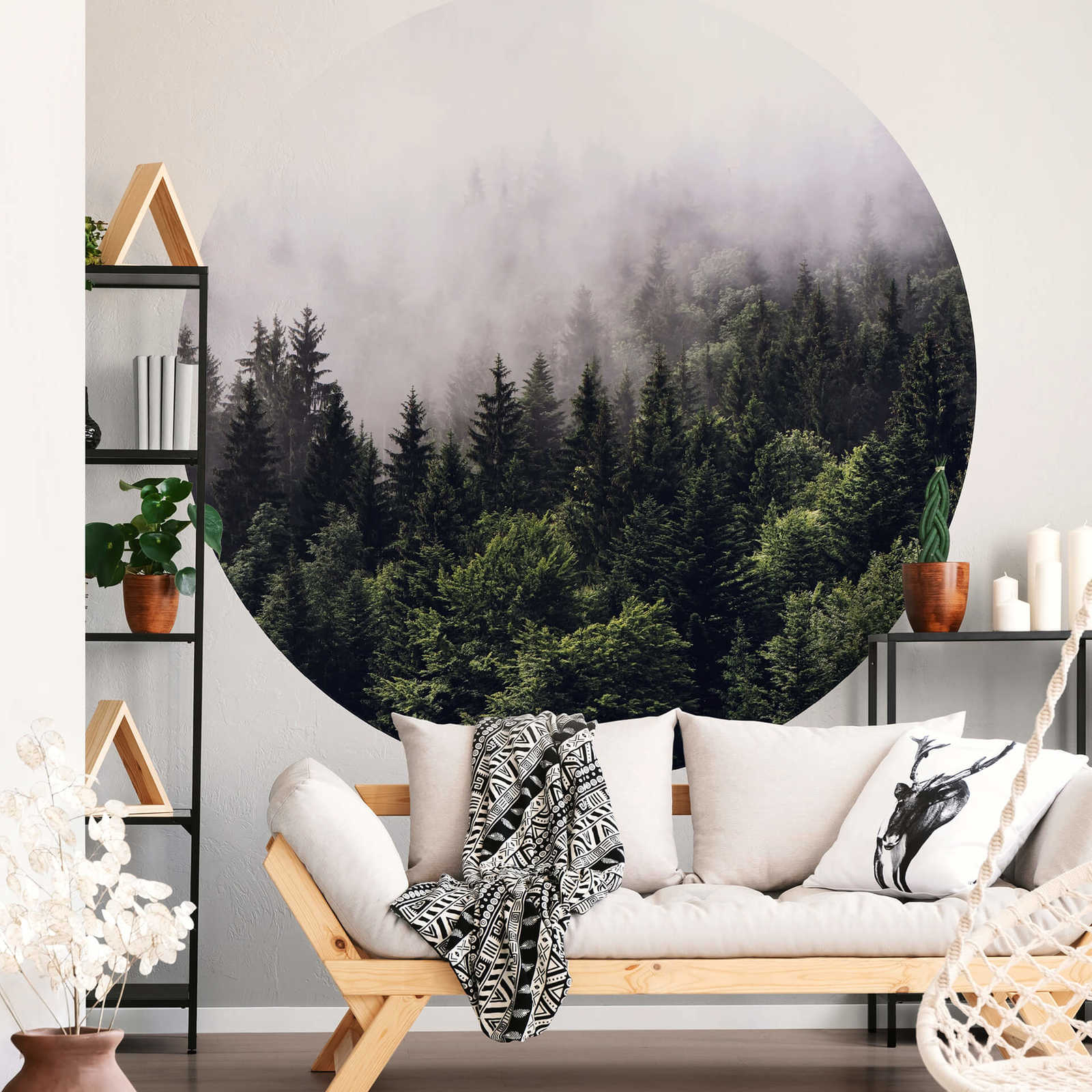            Runde Fototapete Wald im Nebel – Grün, Weiß
        