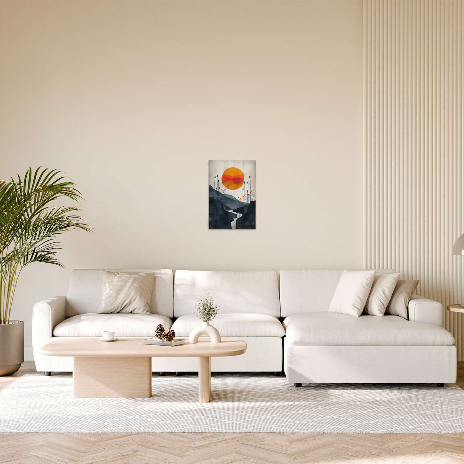             Abendsonne im Tal - Abstrakte Landschaft auf hochwertiger Leinwand. – 30 x 45 cm - Orange, Blau
        