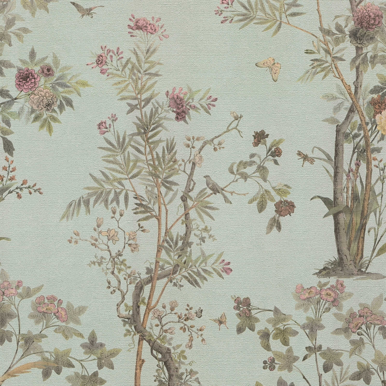 Florale Vliestapete mit zarten Ästen, Blüten und Vögeln in sanften Pastelltönen – Blau, Grau, Grün