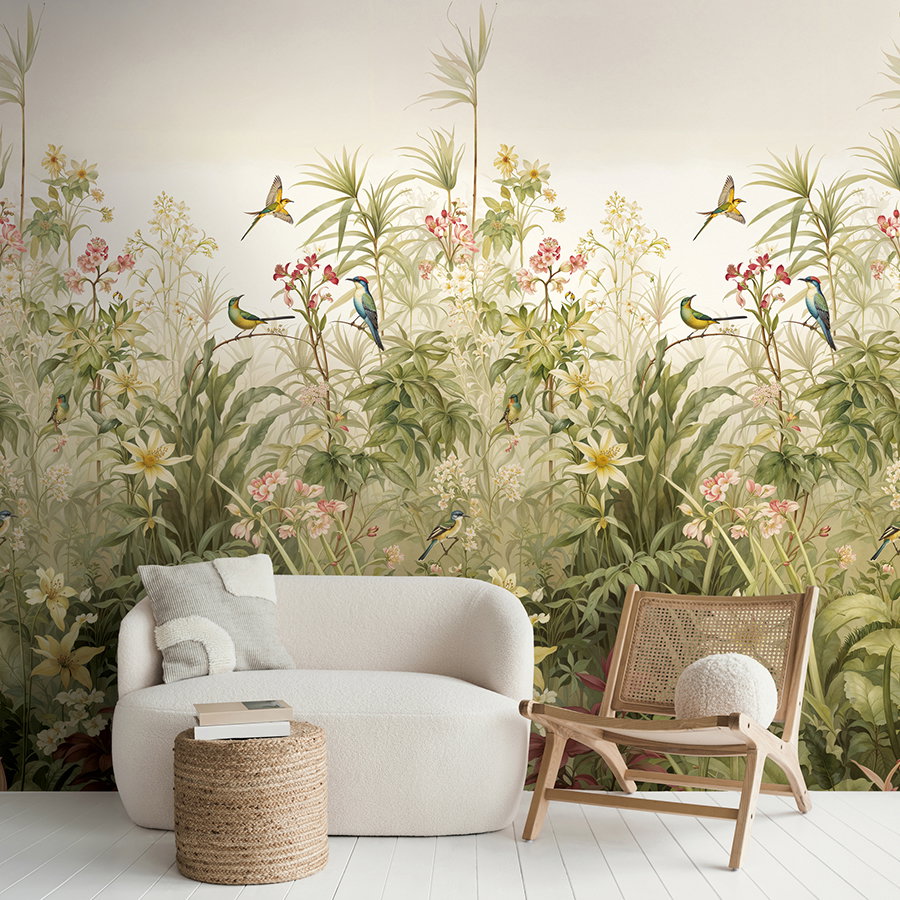 wandtapete, flora mural, wohnzimmer wand, pflanzenmuster, falter vögel wandbild