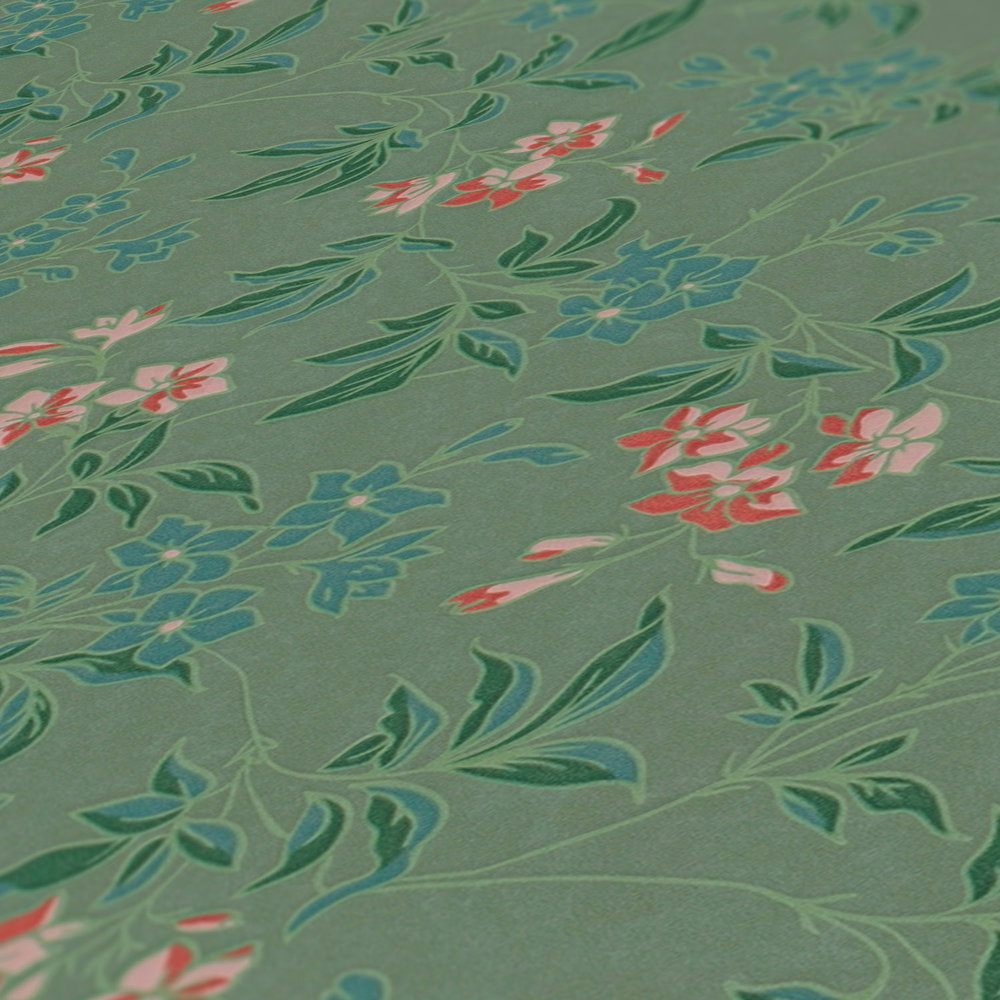 Blumentapete mit Blüten und Ranken – Grün, orange, Rosa