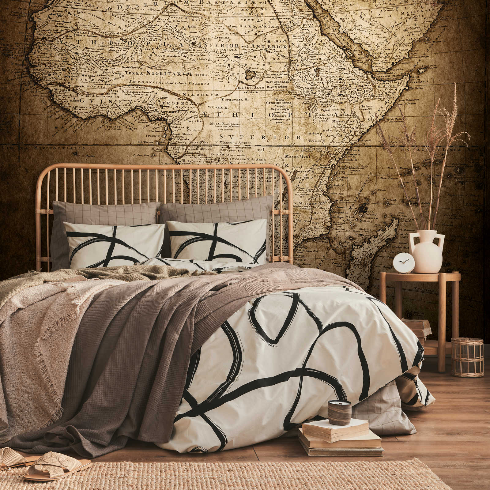 bett, bettwäsche, wandtapete, muster, naturtöne