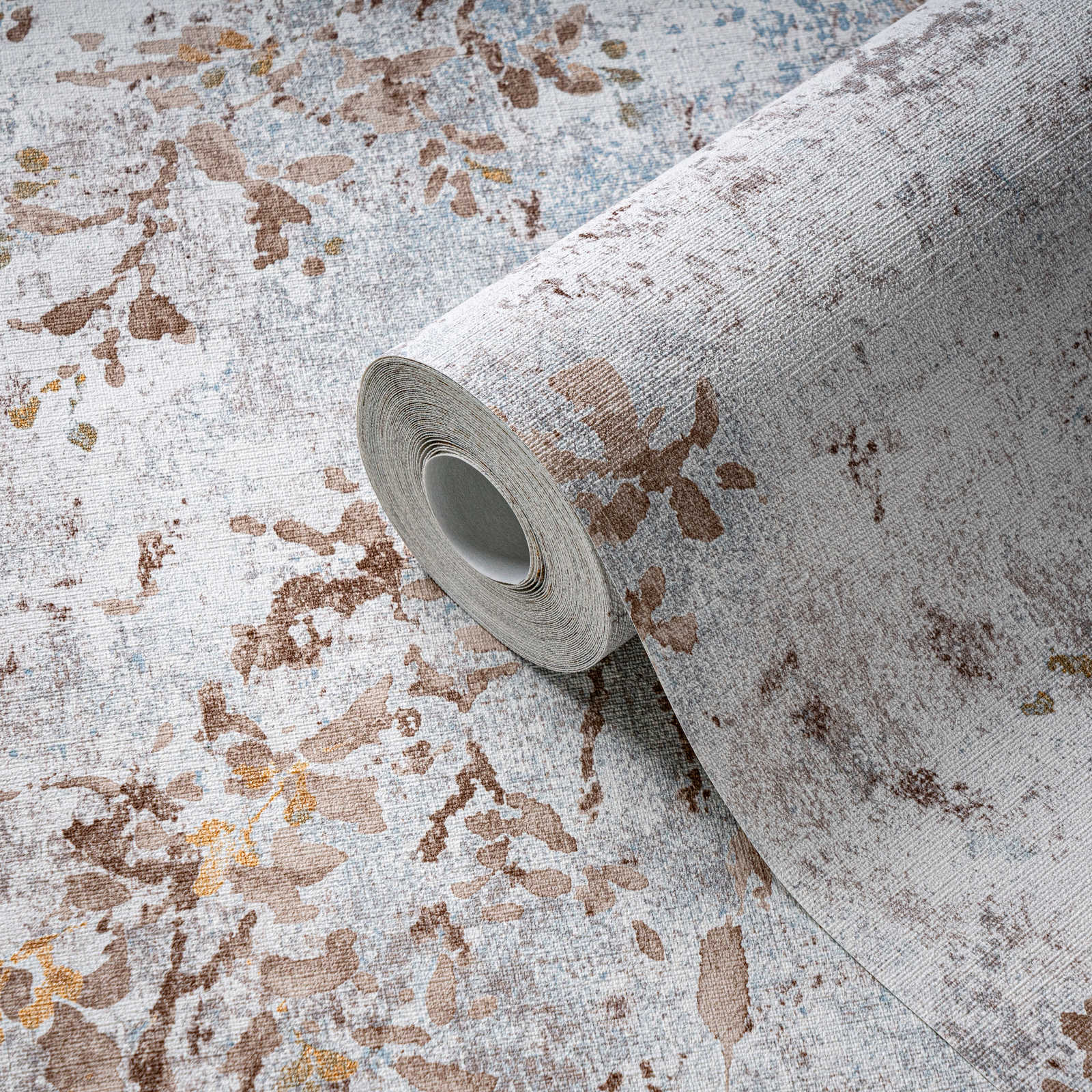             Vliestapete mit floraler Aquarell Optik – Blau, Beige, Gold
        