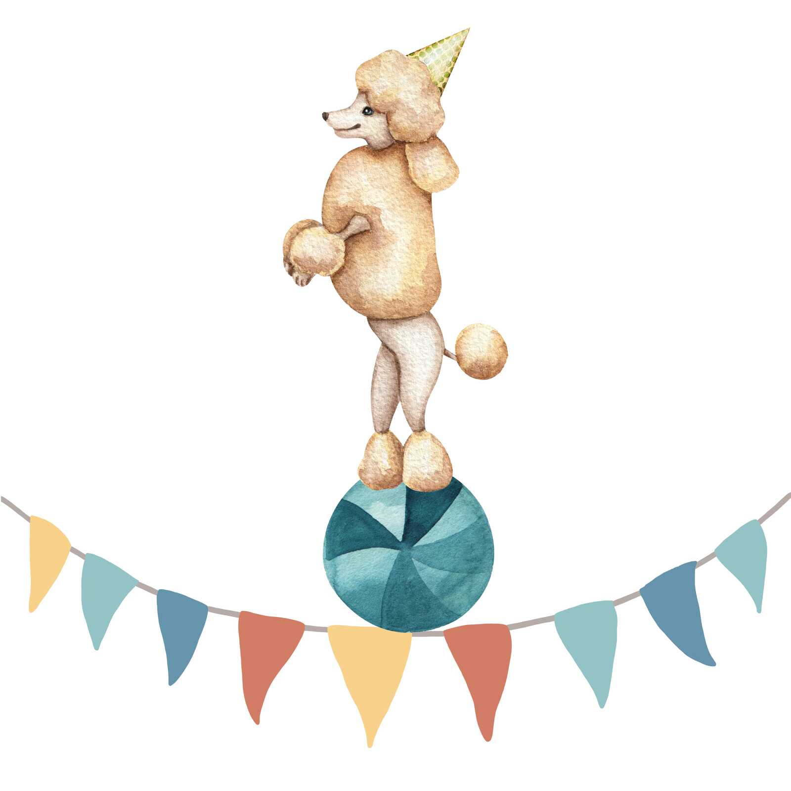 Leinwandbild Zirkuspudel auf Ball - Niedliches Tiermotiv für Kinderzimmerdekoration – 30 x 30 cm - Bunt, Blau