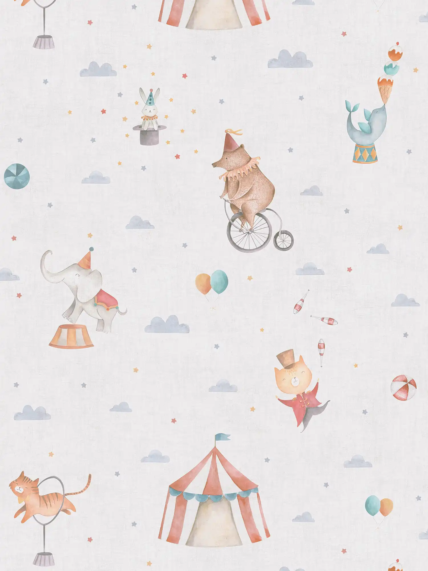         Kinderzimmer Vliestapete mit niedlichen Zirkusfiguren – Magische Zirkusatmosphäre für kleine Entdecker – Bunt
    