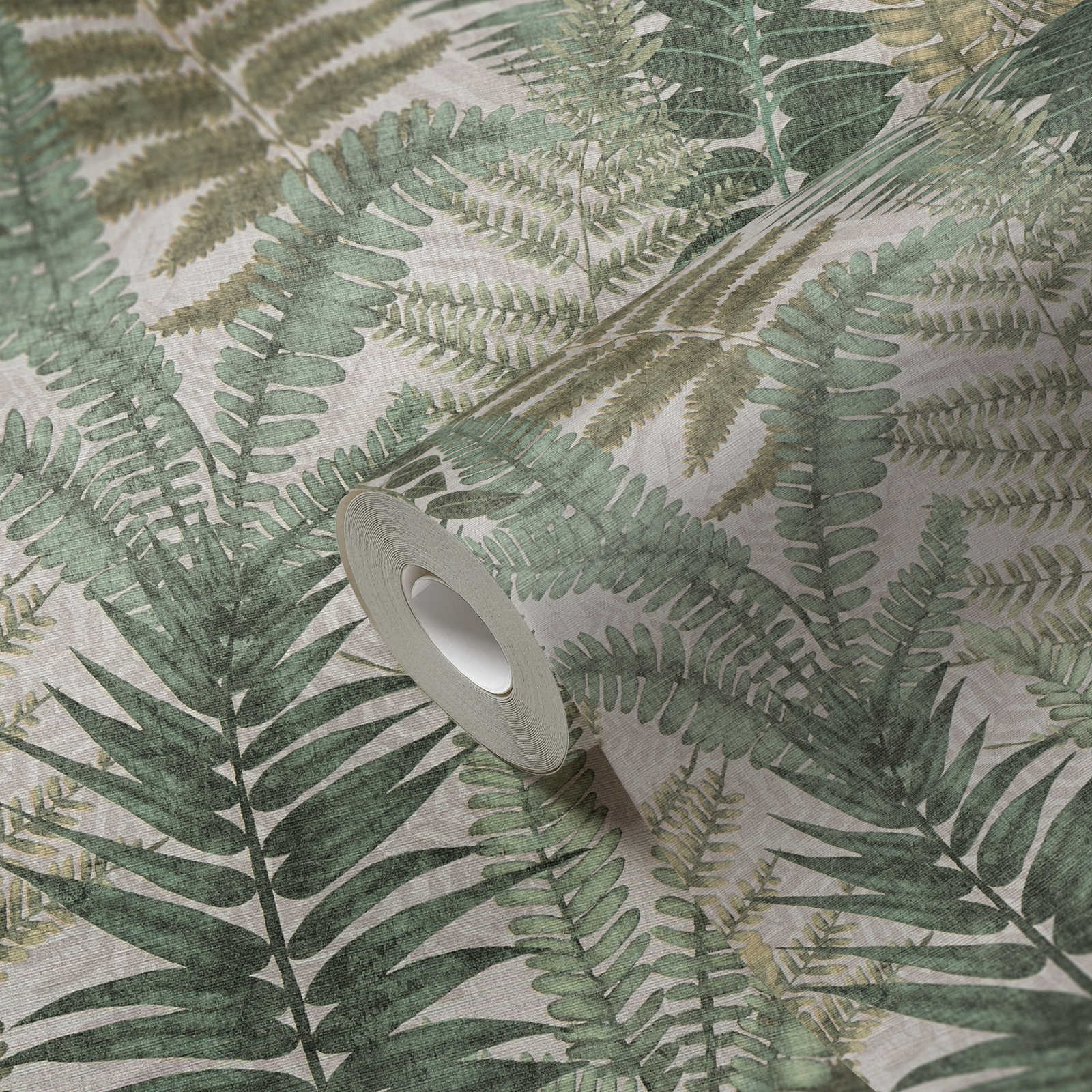 Tapete floral mit Farnblättern leicht strukturiert, matt – Beige, Grün, Braun