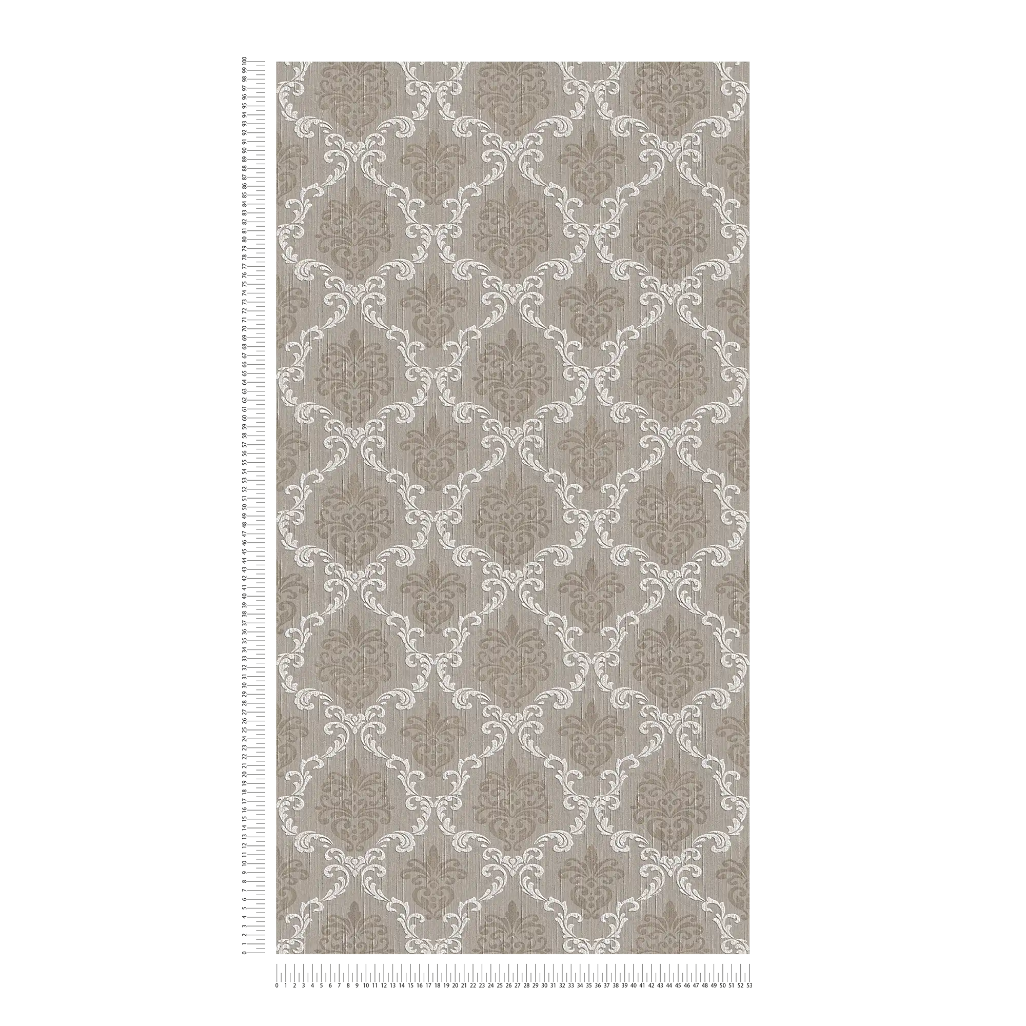             High quality non-woven wallpaper with real textile ornament design in colonial style - beige, grey
        