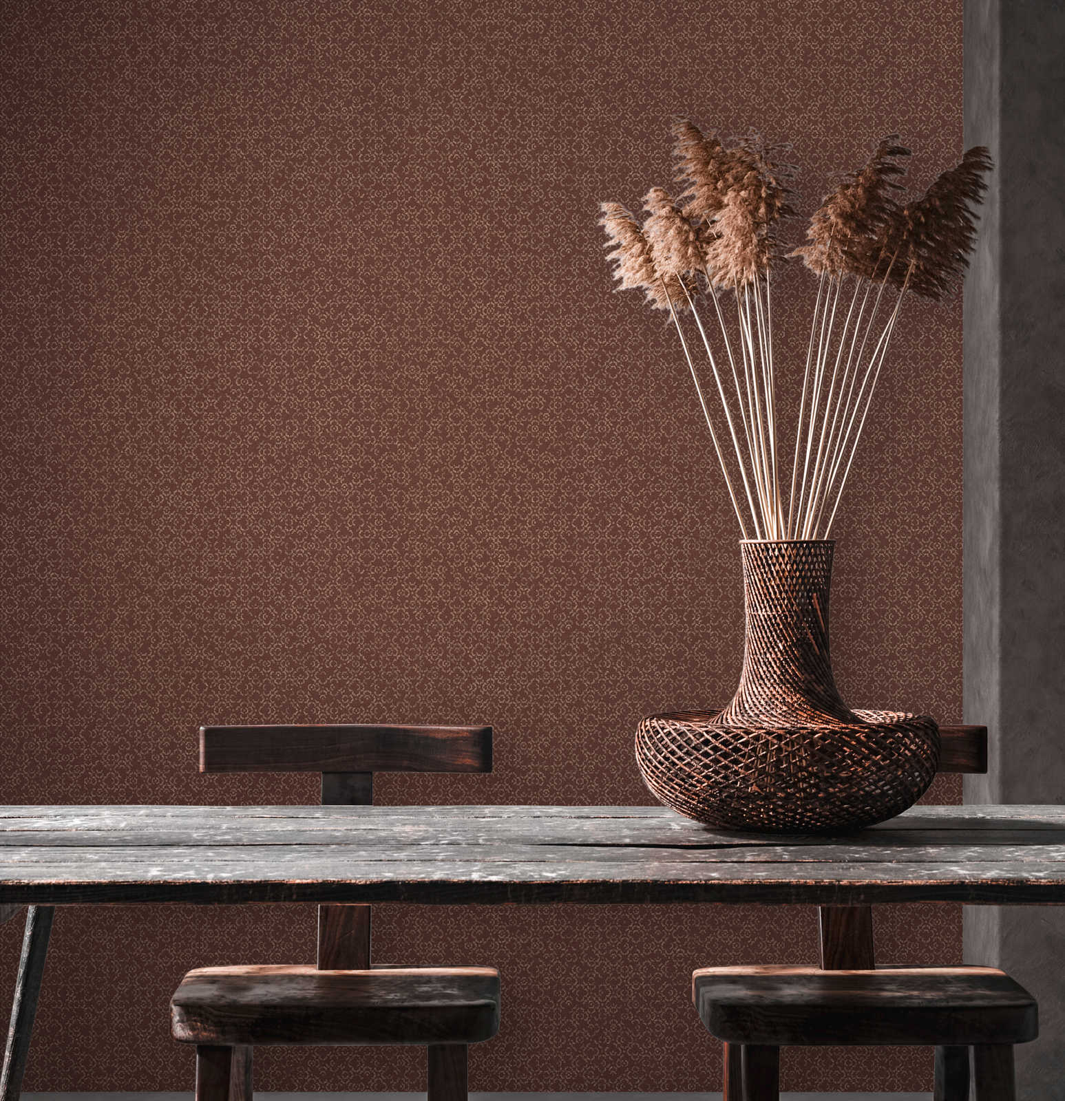 Tapete mit 3D Mustereffekt und Metallic-Glanz – Braun, Metallic, Rot