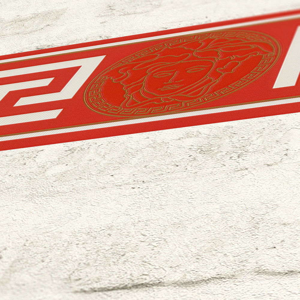             VERSACE Tapetenbordüre mit Mäander Design – Metallic, Rot
        