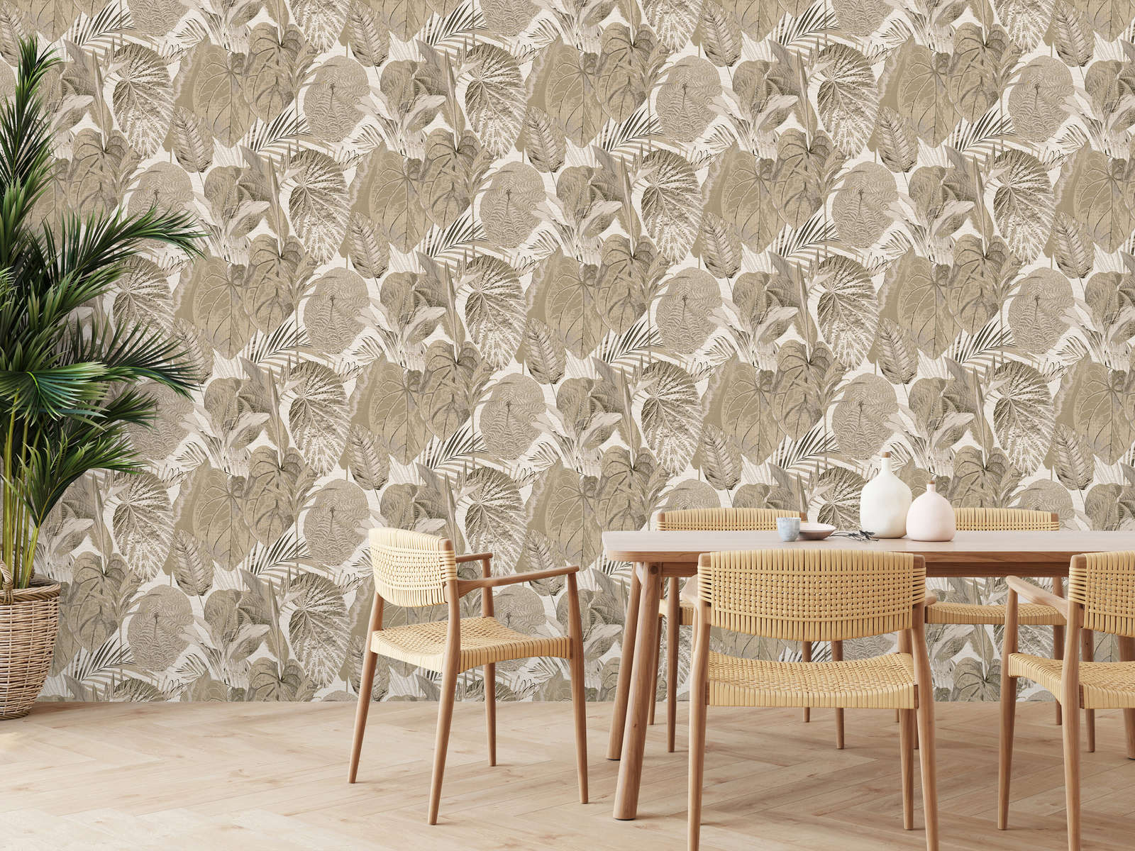             Tapete mit Dschungelmuster leicht strukturiert, matt – Beige, Taupe
        