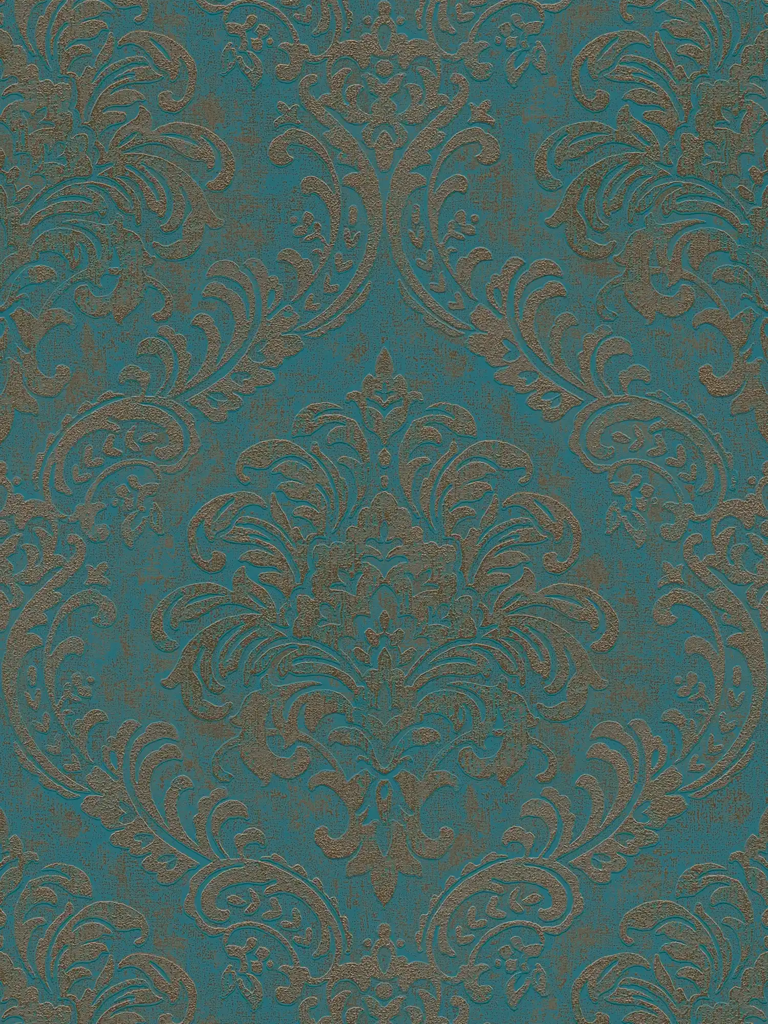         Papier peint intissé aspect usé avec ornements & aspect métallique - pétrole, or
    