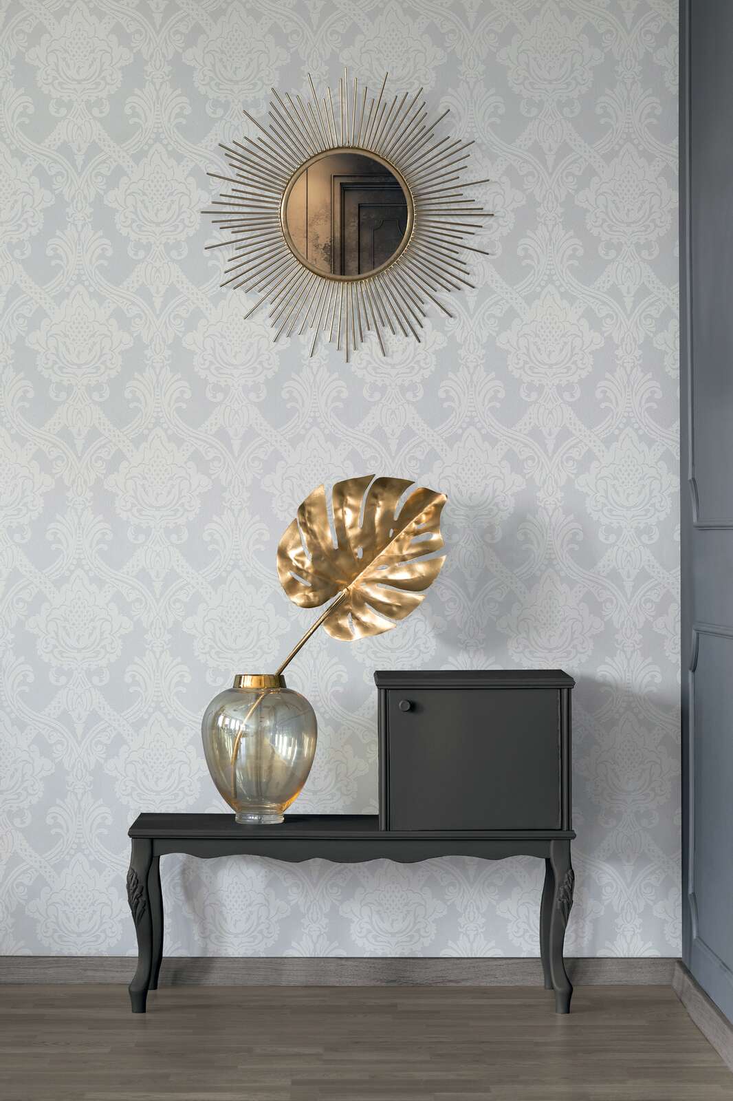 Wanddeko,  Spiegelrund,  Vase,  Monstera,  Konsole