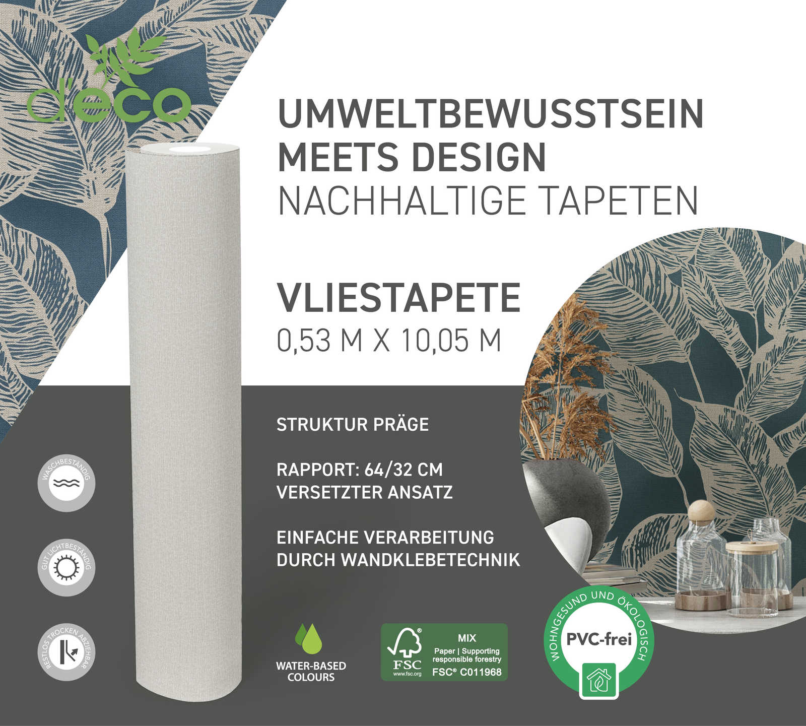             Vliestapete mit Blattmuster PVC-frei – Blau, Braun
        