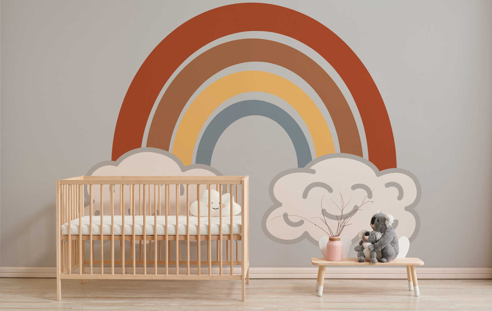         Papier peint panoramique arc-en-ciel neutre sur nuages pour enfants
    