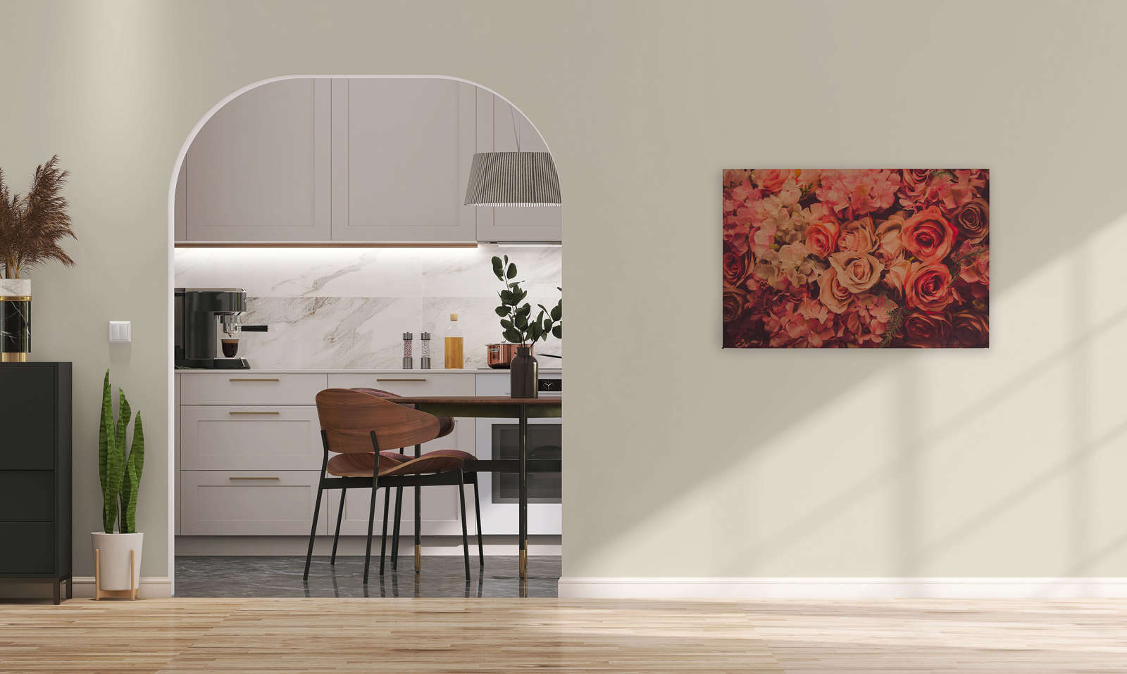            Canvas met romantisch rozenmotief in linnenlook - 0,90 m x 0,60 m
        