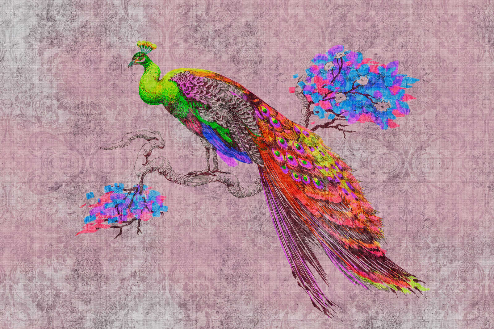 Peacock 2 - Leinwandbild mit Pfau Motiv &amp; Ornament Muster in naturleinen Struktur – 0,90 m x 0,60 m