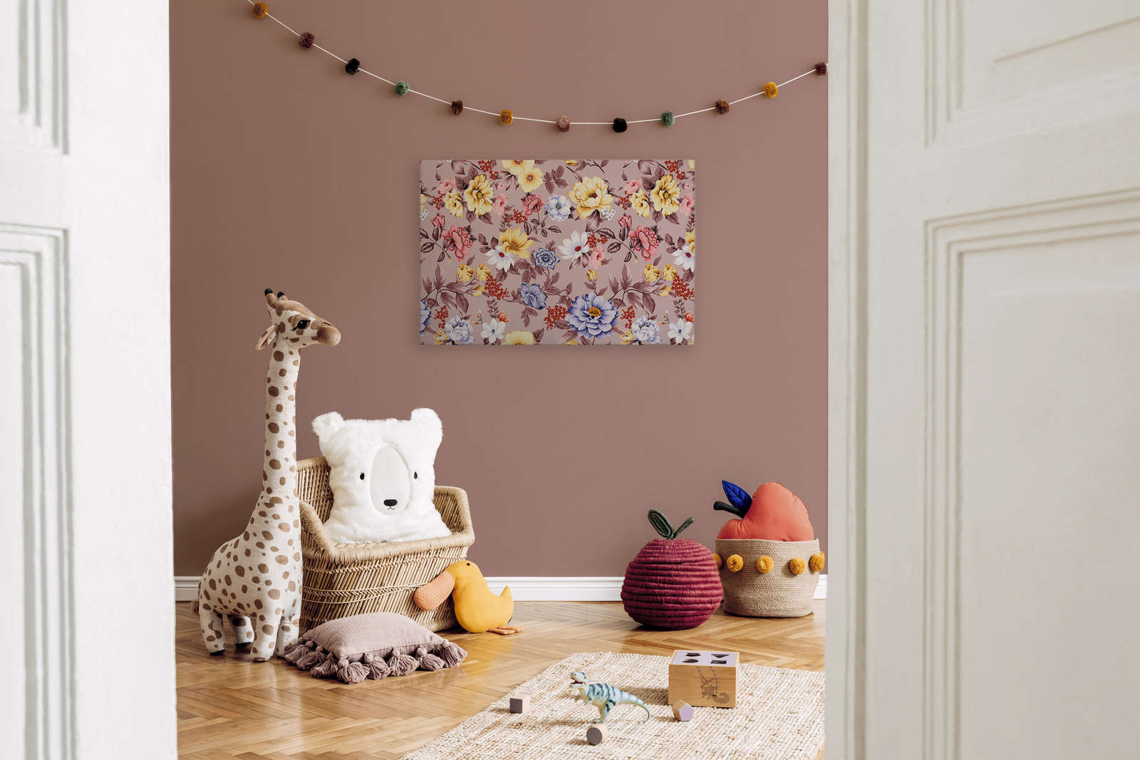 Leinwand floral mit Blüten und Blättern – 90 cm x 60 cm