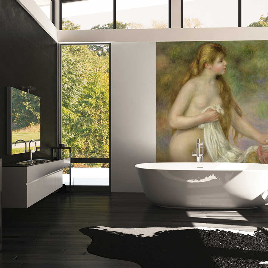freistehende badewanne, modernes badezimmer, wandmalerei klassisch, bodenfliesen, große fenster