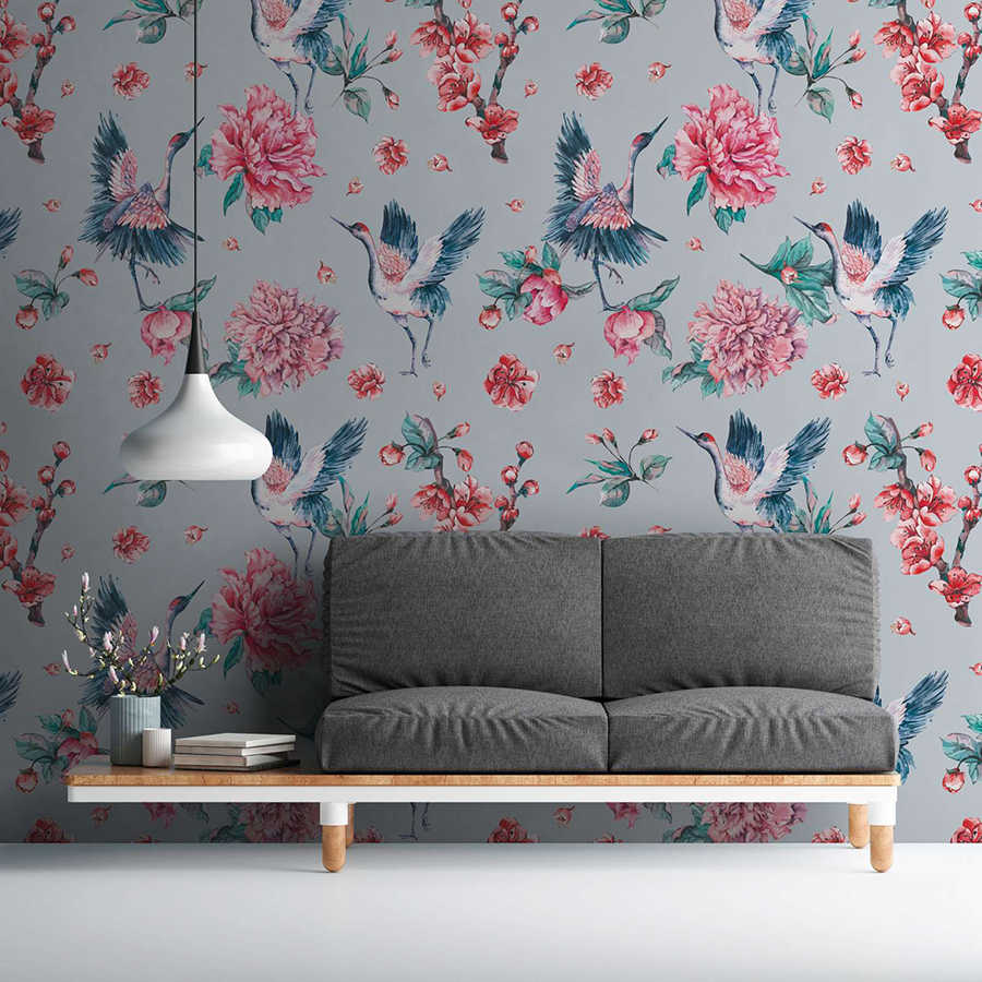 Wandtapete, Floral Muster, Hahn/ Vogel Motiv, Zierstoff, Wohnzimmerdeko