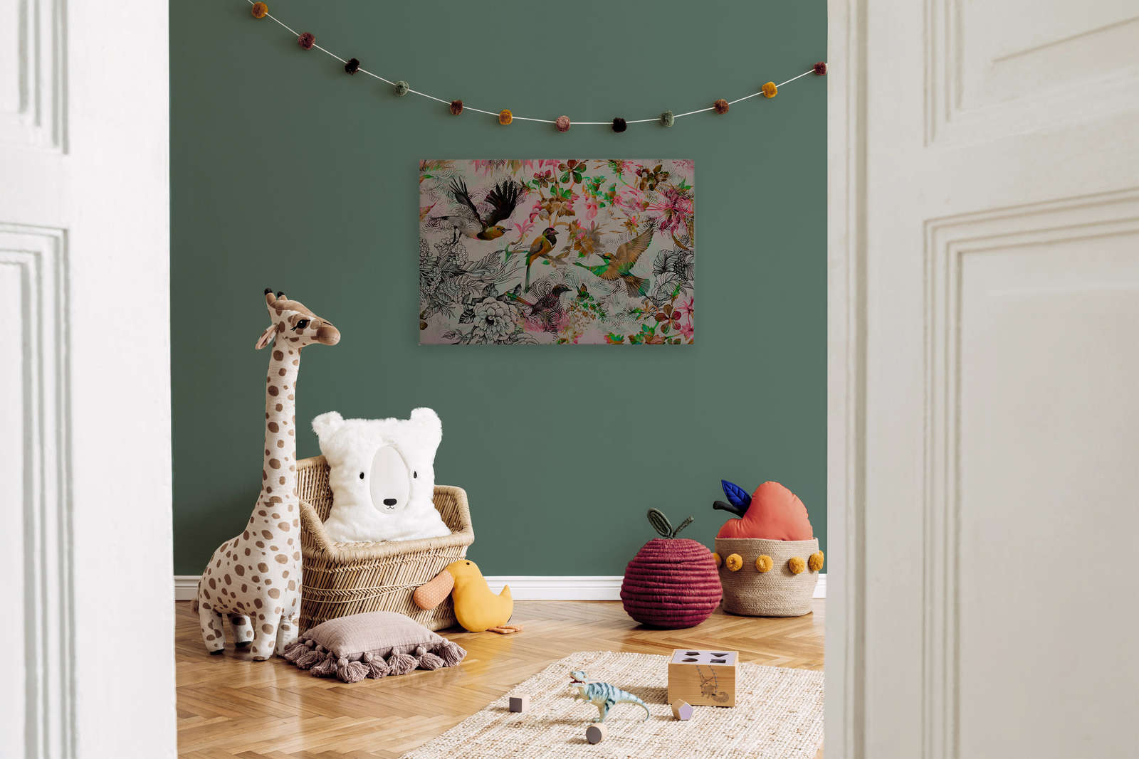 Leinwandbild Vögel &amp; Blumen im Collage Stil – 0,90 m x 0,60 m