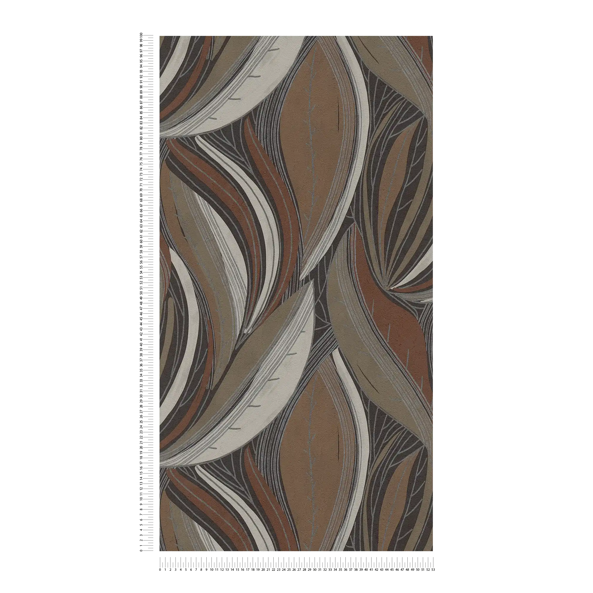             Extravagante und fein strukturierte Vliestapete mit geschwungenem, dynamischem Blätter-Design – Braun, Schwarz, Grau
        