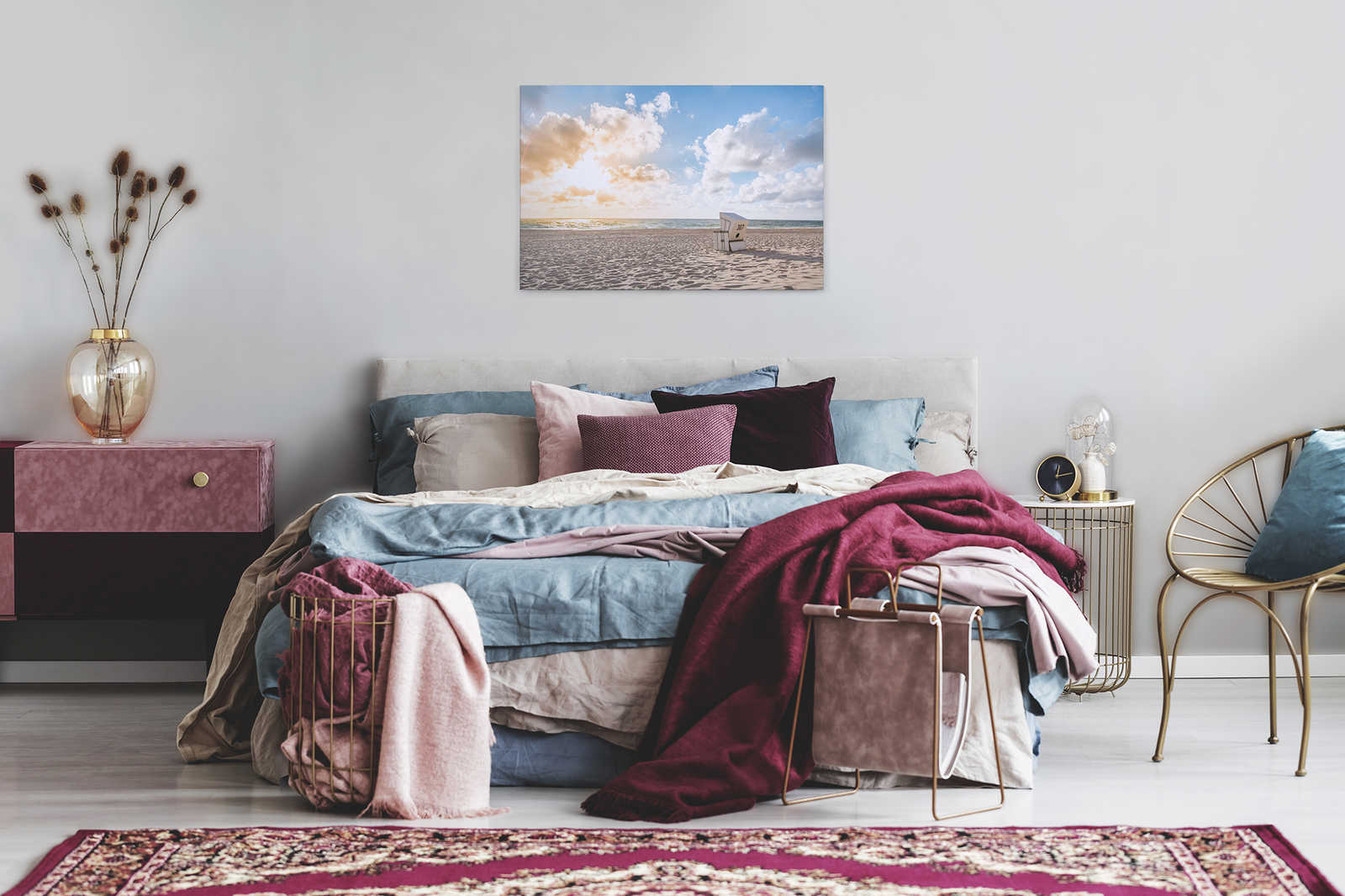             Leinwand mit Strandkorb bei Sonnenaufgang – 0,90 m x 0,60 m
        