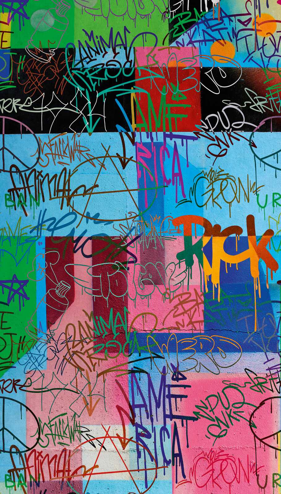 papier peint en papier intissé urbain avec motif graffiti coloré et une répétition de motifs à grande échelle - multicolore, bleu, rose
