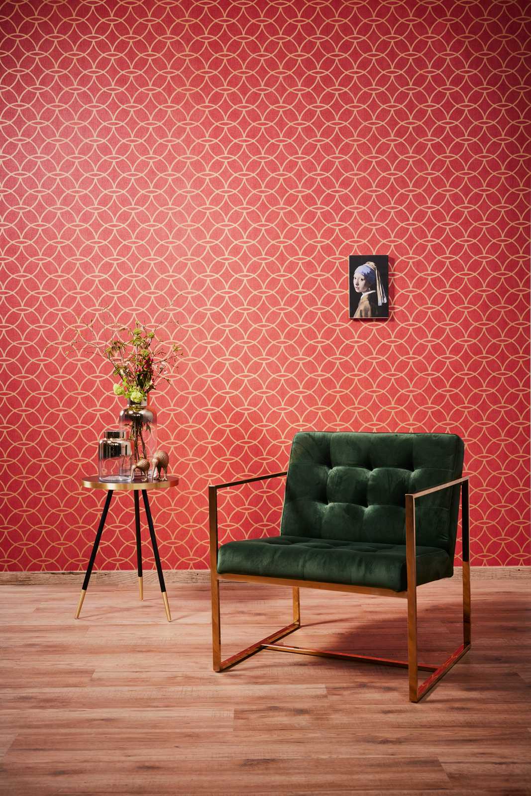 Vliestapete geometrisches Goldmuster &amp; Schimmer-Effekt – Rot, Gold