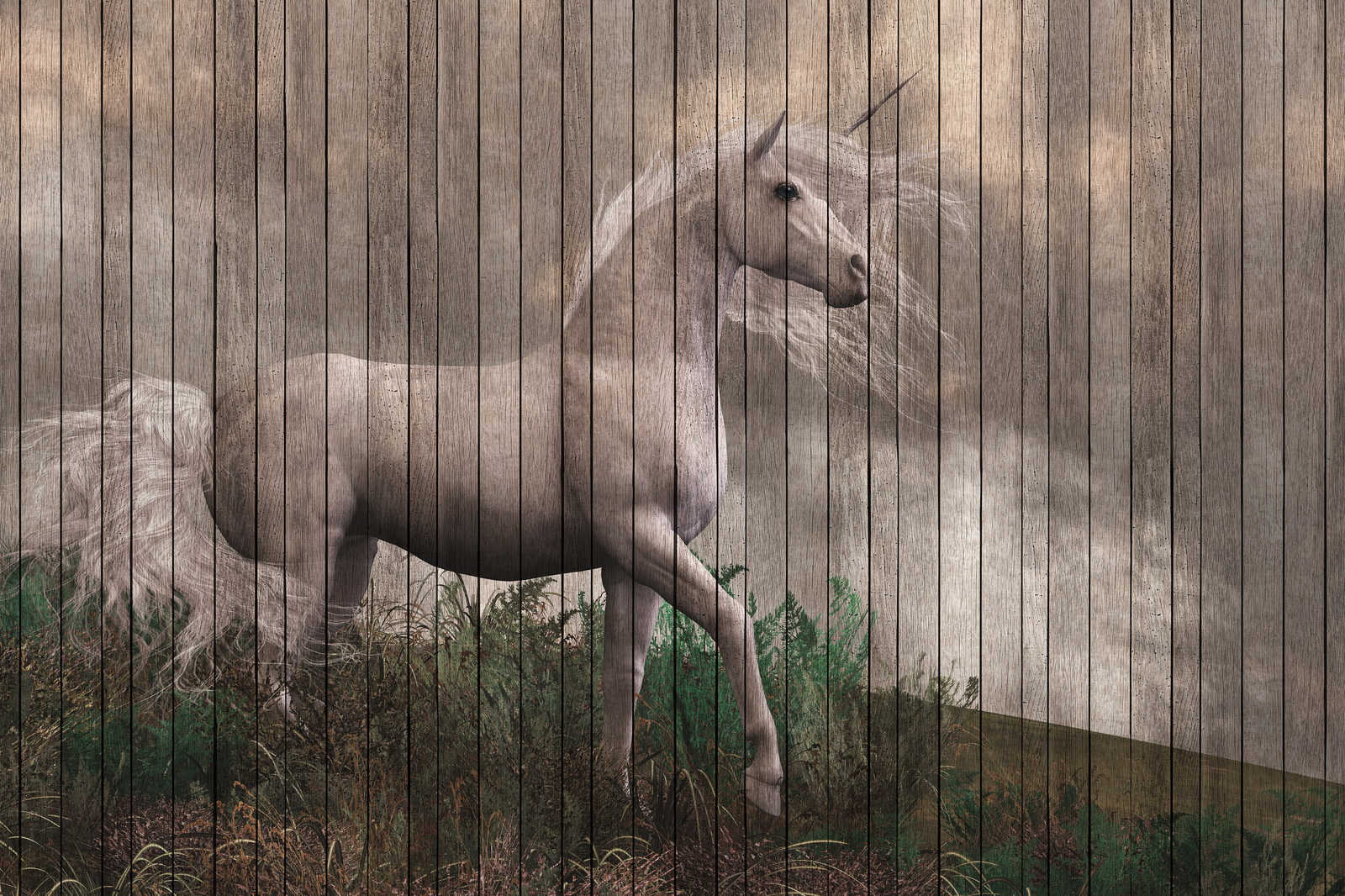             Fantasy 3 - Einhorn Leinwandbild mit Holzbrettoptik – 0,90 m x 0,60 m
        