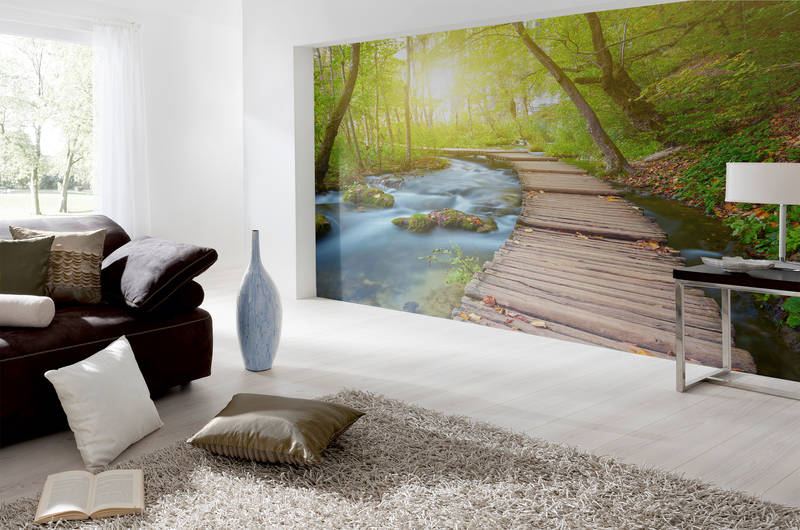 wandbild, tapisserie, holzboden, flusswald, wanderweg