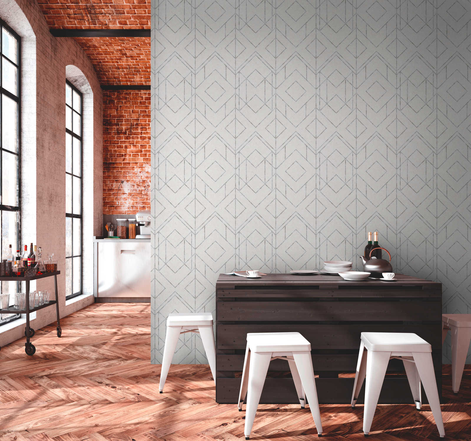 Grafische Mustertapete mit Metallic-Akzenten – Grau, Metallic, Weiß