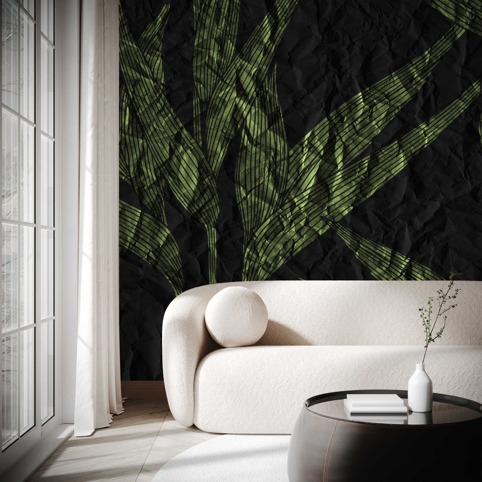 Wandtapete, Pflanzenmuster, Schwarzgrün, Moderne Wohnzimmereinrichtung, Sofa