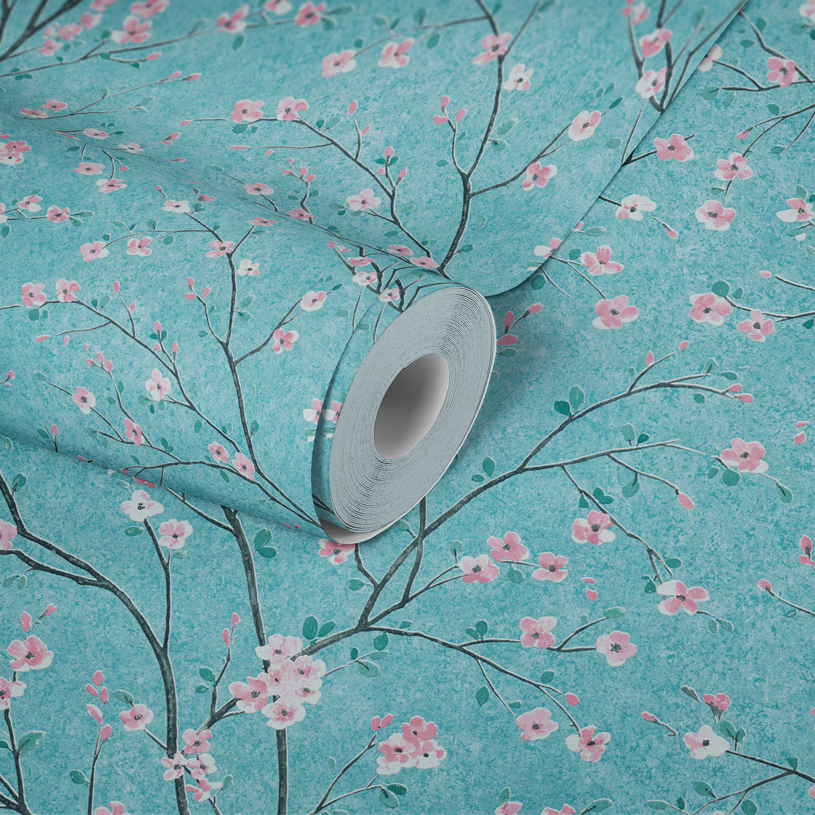             Japanse Kersenbloesem Behang - Blauw, Groen, Roze
        