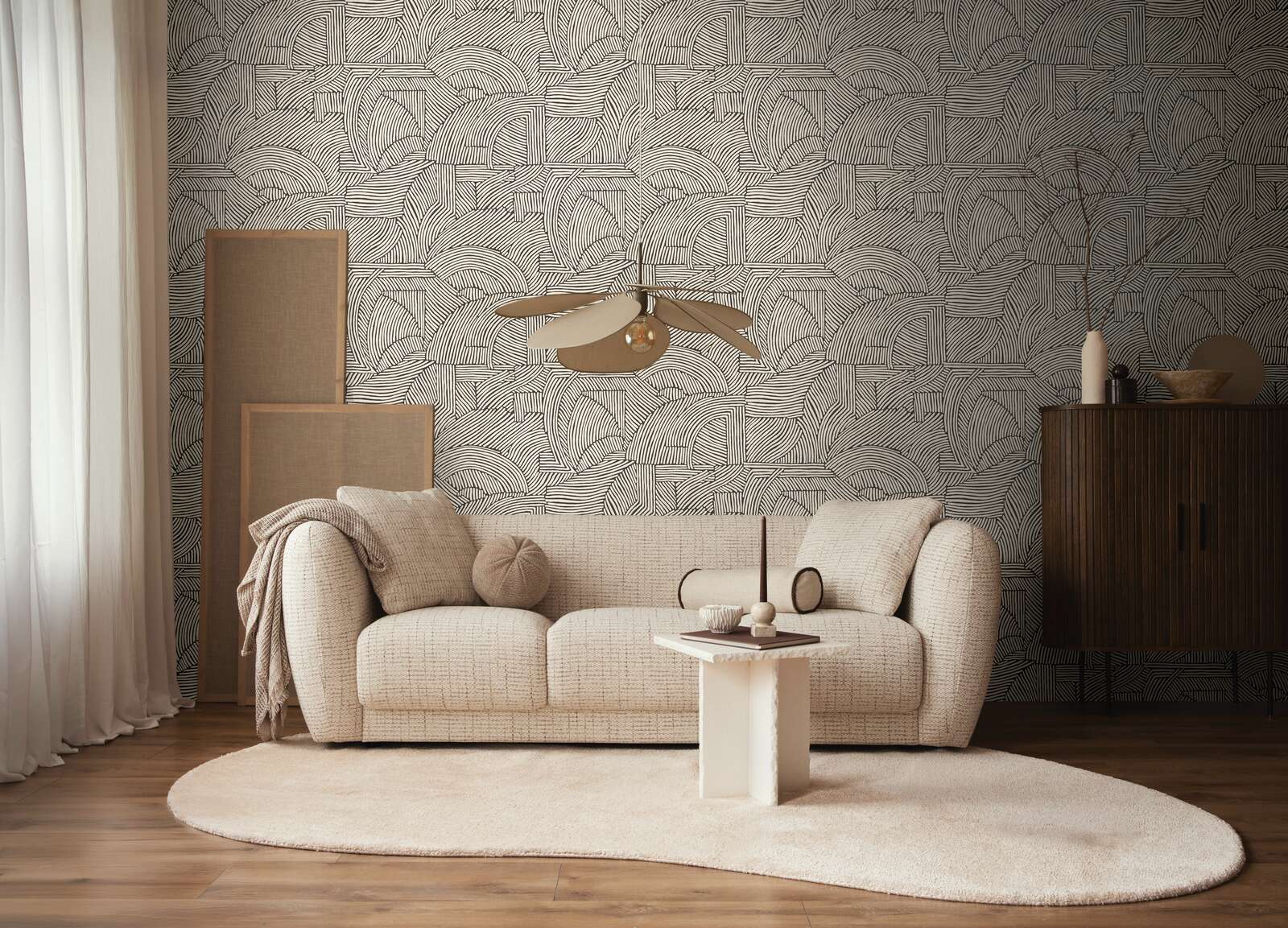 Wohnzimmer, Sofa, Muster-Wand, Teppich, Dekoration