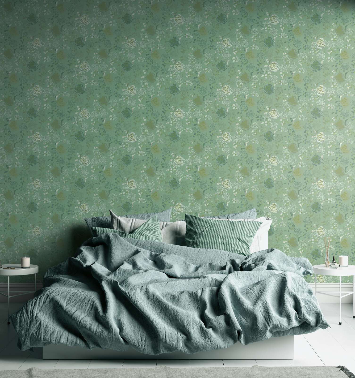 Non-woven wallpaper with floral dandelion pattern - green, white